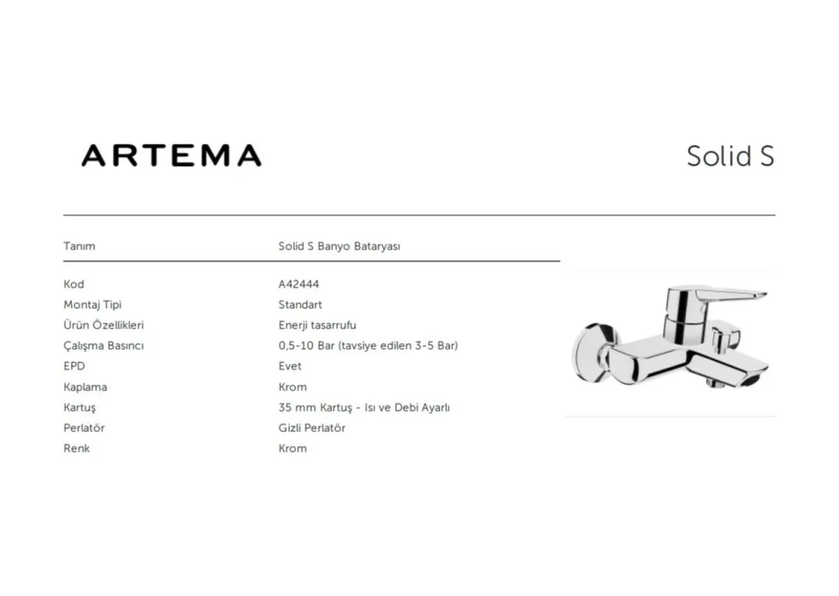 Artema Solid S Banyo Bataryası A42444