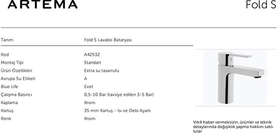 Artema Fold S A42532 Lavabo Bataryası