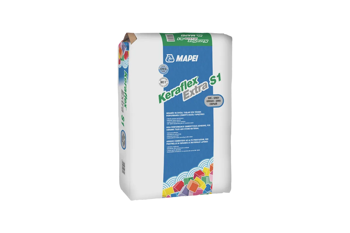 MAPEI KERAFLEX EXTRA S1 GRİ Seramik karolar ve taş malzemeler için, yüksek performanslı, esnek, çimento esaslı yapıştırıcı.
