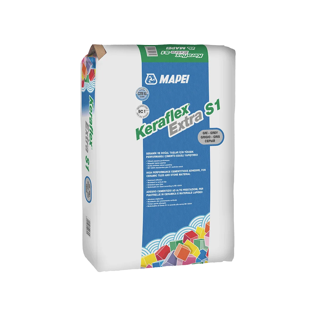 MAPEI KERAFLEX EXTRA S1 GRİ Seramik karolar ve taş malzemeler için, yüksek performanslı, esnek, çimento esaslı yapıştırıcı.