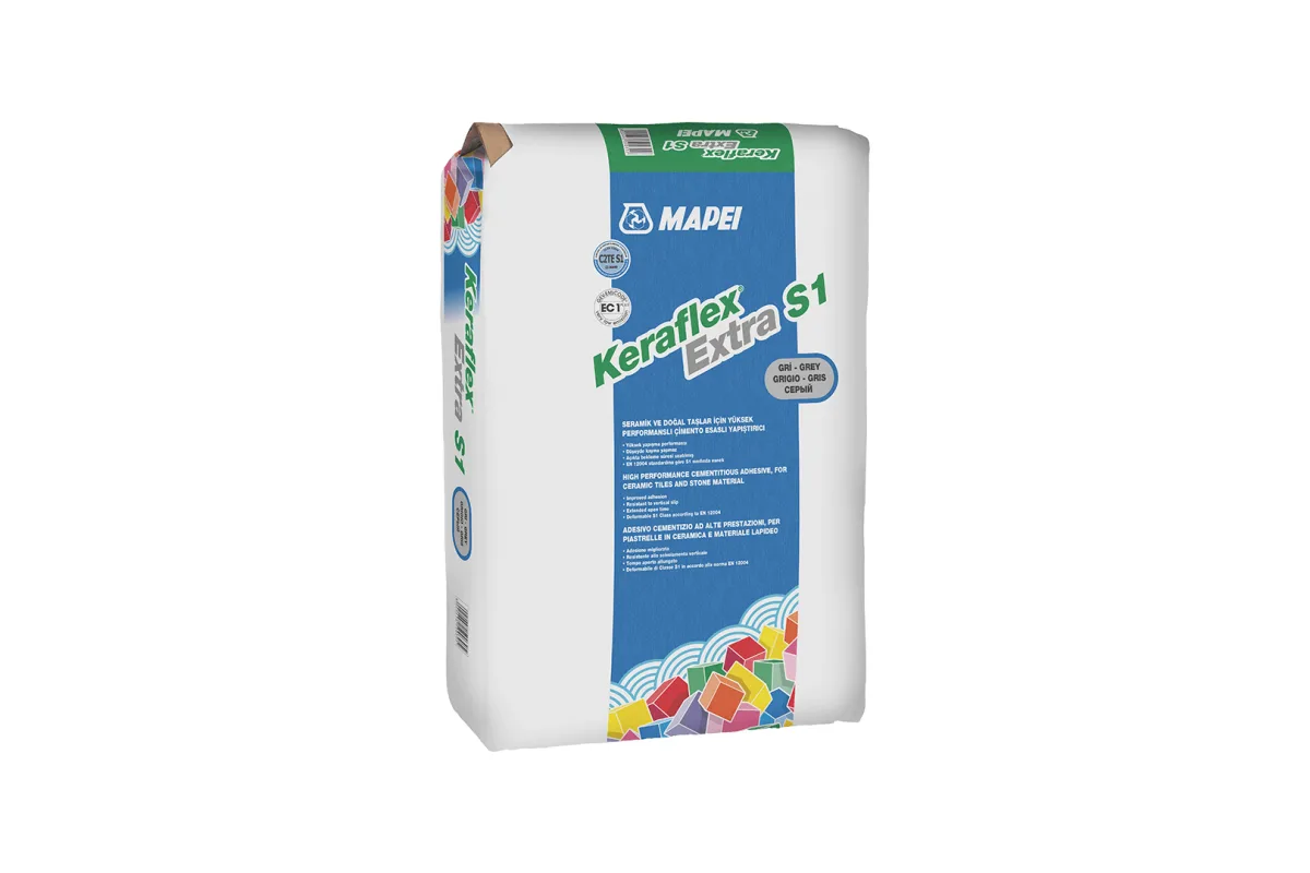 MAPEI KERAFLEX EXTRA S1 GRİ Seramik karolar ve taş malzemeler için, yüksek performanslı, esnek, çimento esaslı yapıştırıcı.